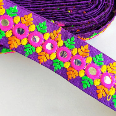 Purple Mirrored Fabric Trim With Fuchsia Pink, Orange, Yellow And Green Embroidery